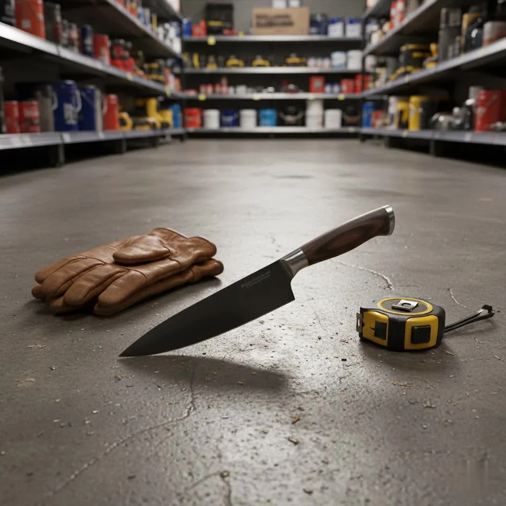A variety of kitchen knives and sharpening tools