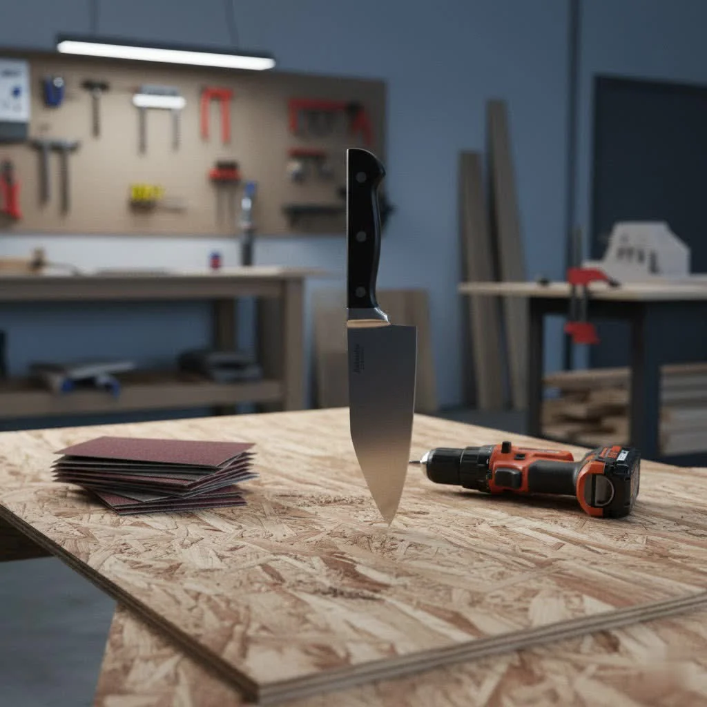 Assortment of Victorinox kitchen knives on a wooden cutting board