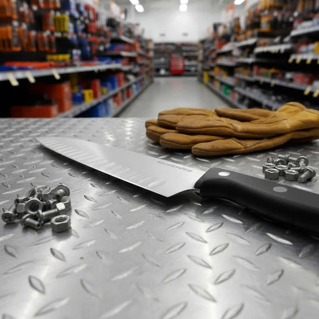 Assortment of Kai kitchen knives with various blade types and handles