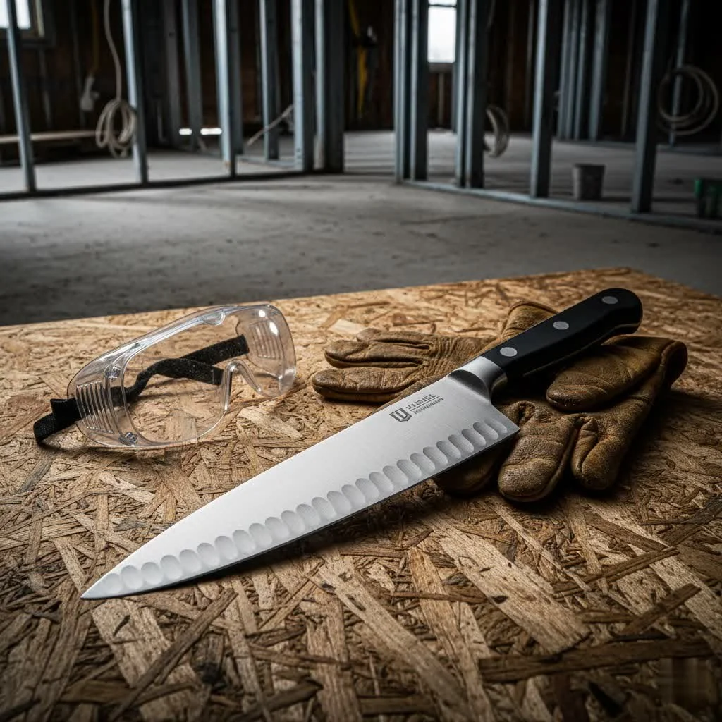 Almazan Kitchen knife with a broad, rounded blade on a wooden cutting board