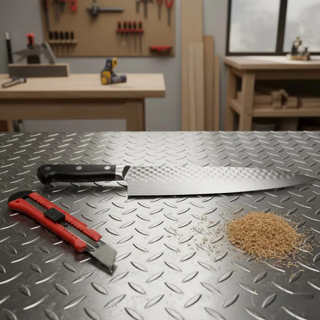 A chef's knife and a santoku knife side-by-side on a cutting board