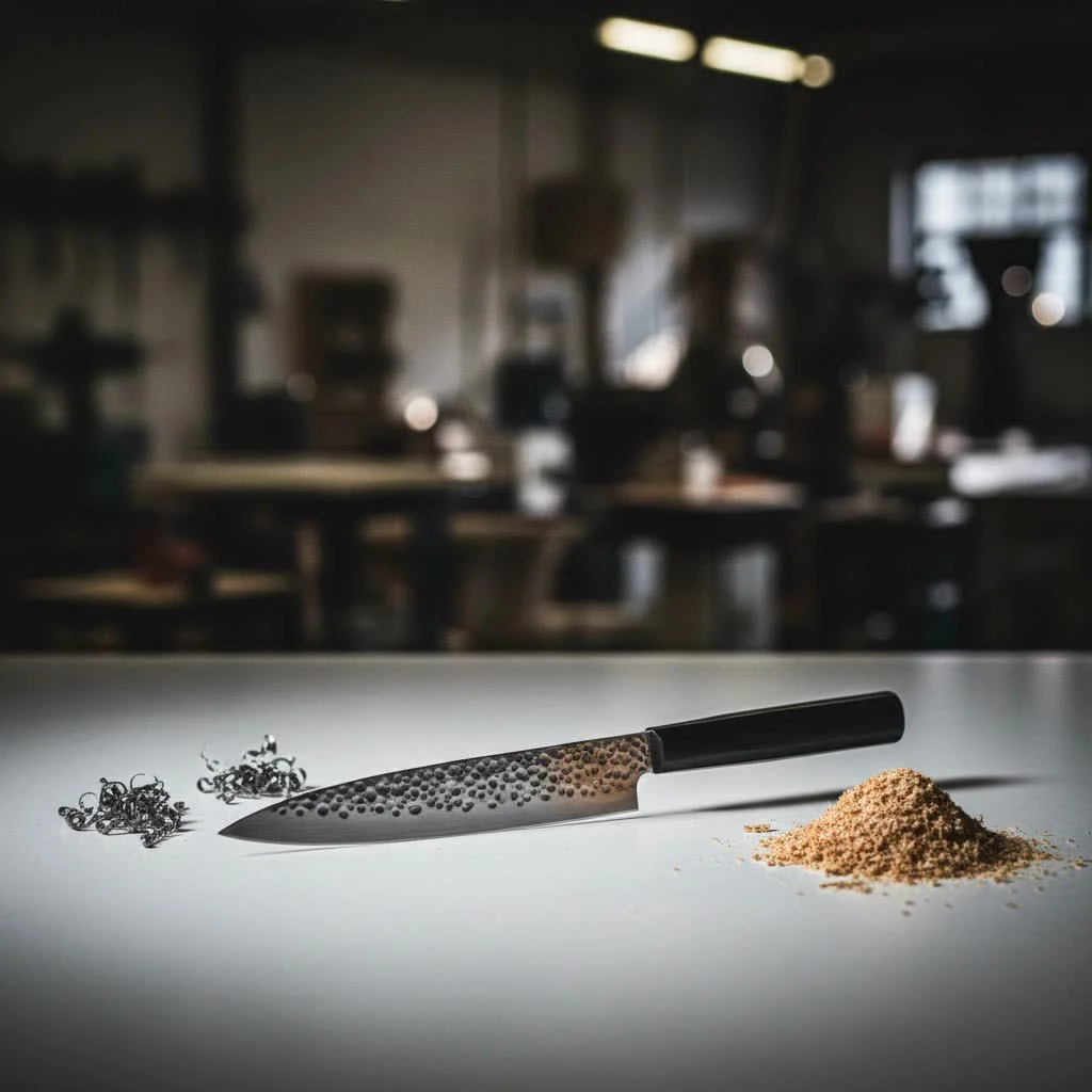 Close-up of a chef's knife with a custom engraving on the blade