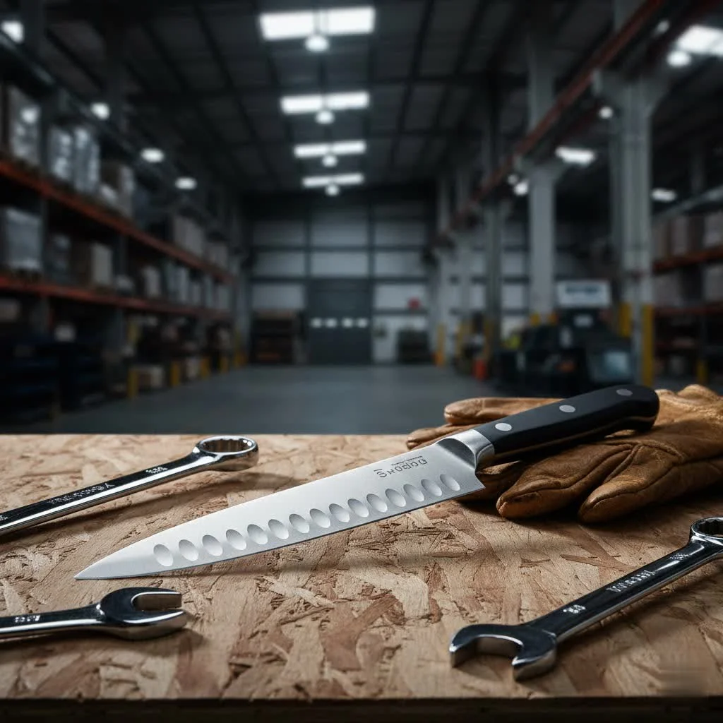 Chef's knife on a cutting board with fresh vegetables