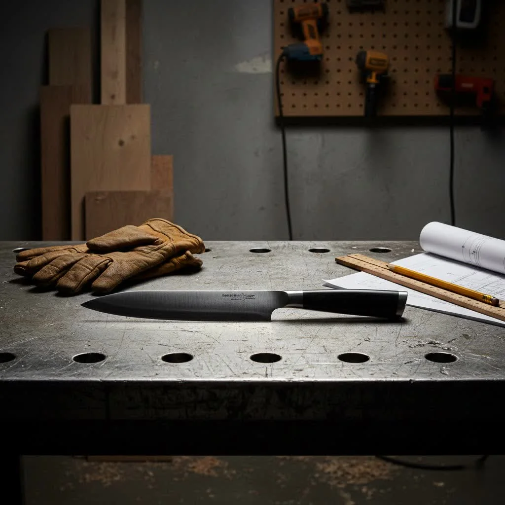 Assorted kitchen knife set with a wooden block on a countertop