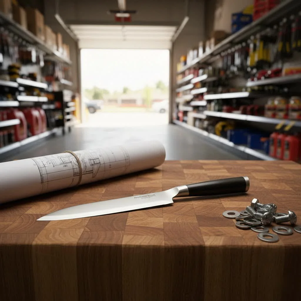 Assortment of chef kitchen knives in a wooden block