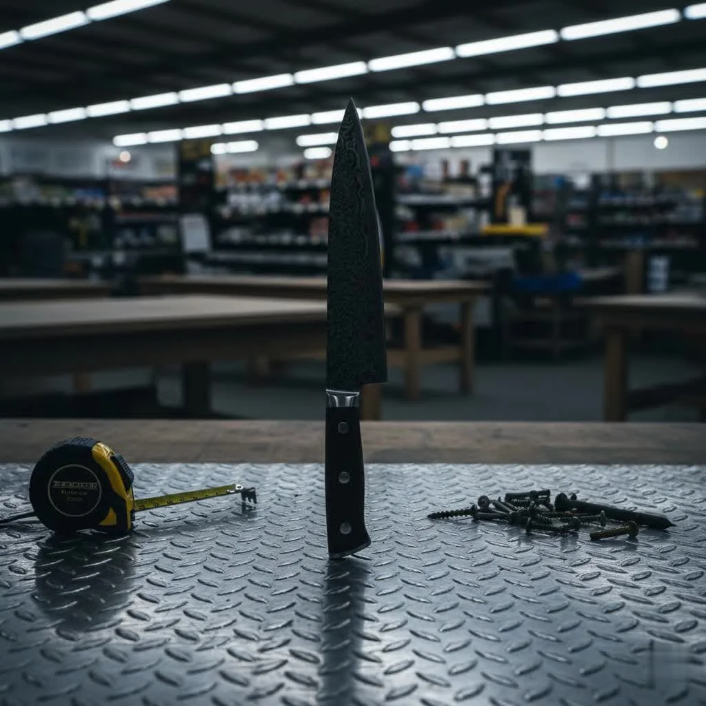 Camping kitchen knife on a wooden cutting board outdoors