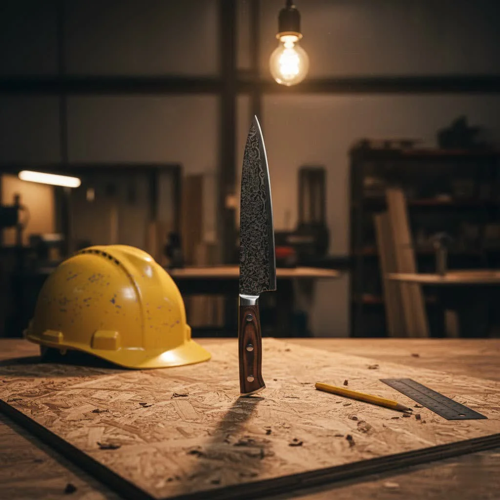 Assortment of high-quality kitchen knives on a wooden cutting board
