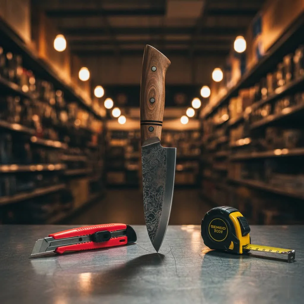 Close-up of a chef's knife blade showing the steel grain