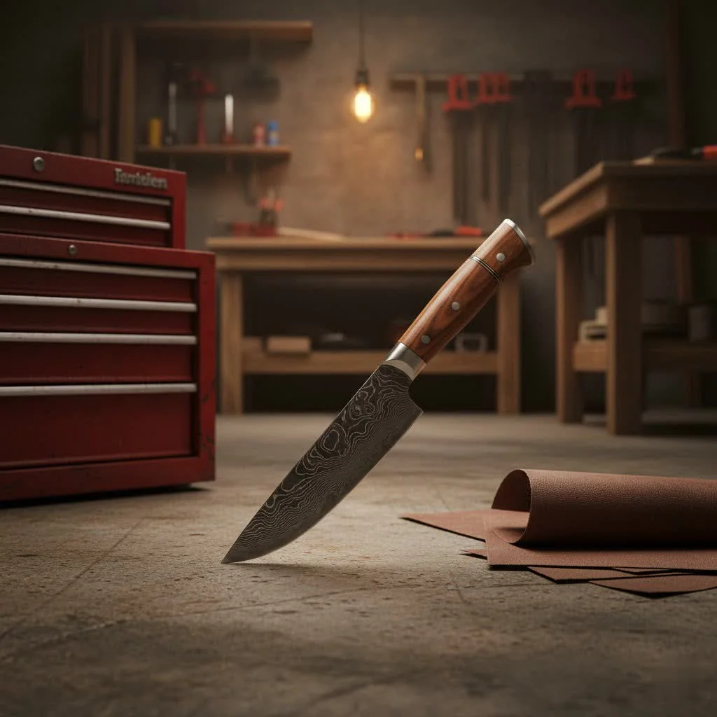 Chef using a curved kitchen knife to chop vegetables