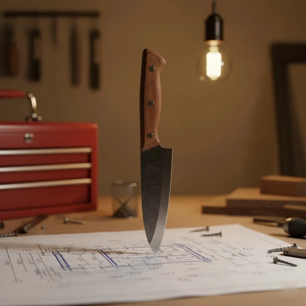 Kitchen utility knife with various ingredients