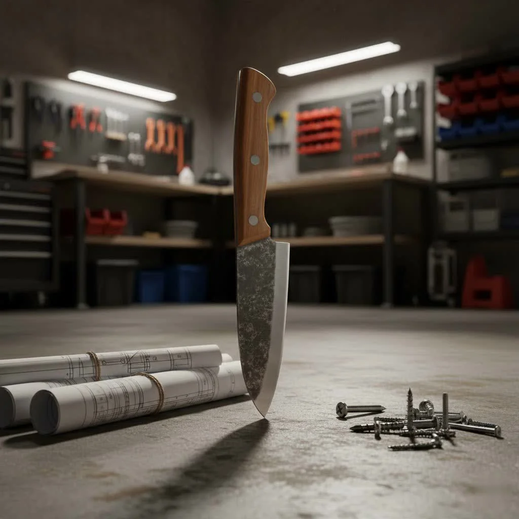 Assortment of sharp kitchen knives in a wooden block
